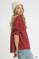 Umgee Plaid Smocked V-Neck Flannel Top