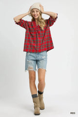 Umgee Plaid Smocked V-Neck Flannel Top