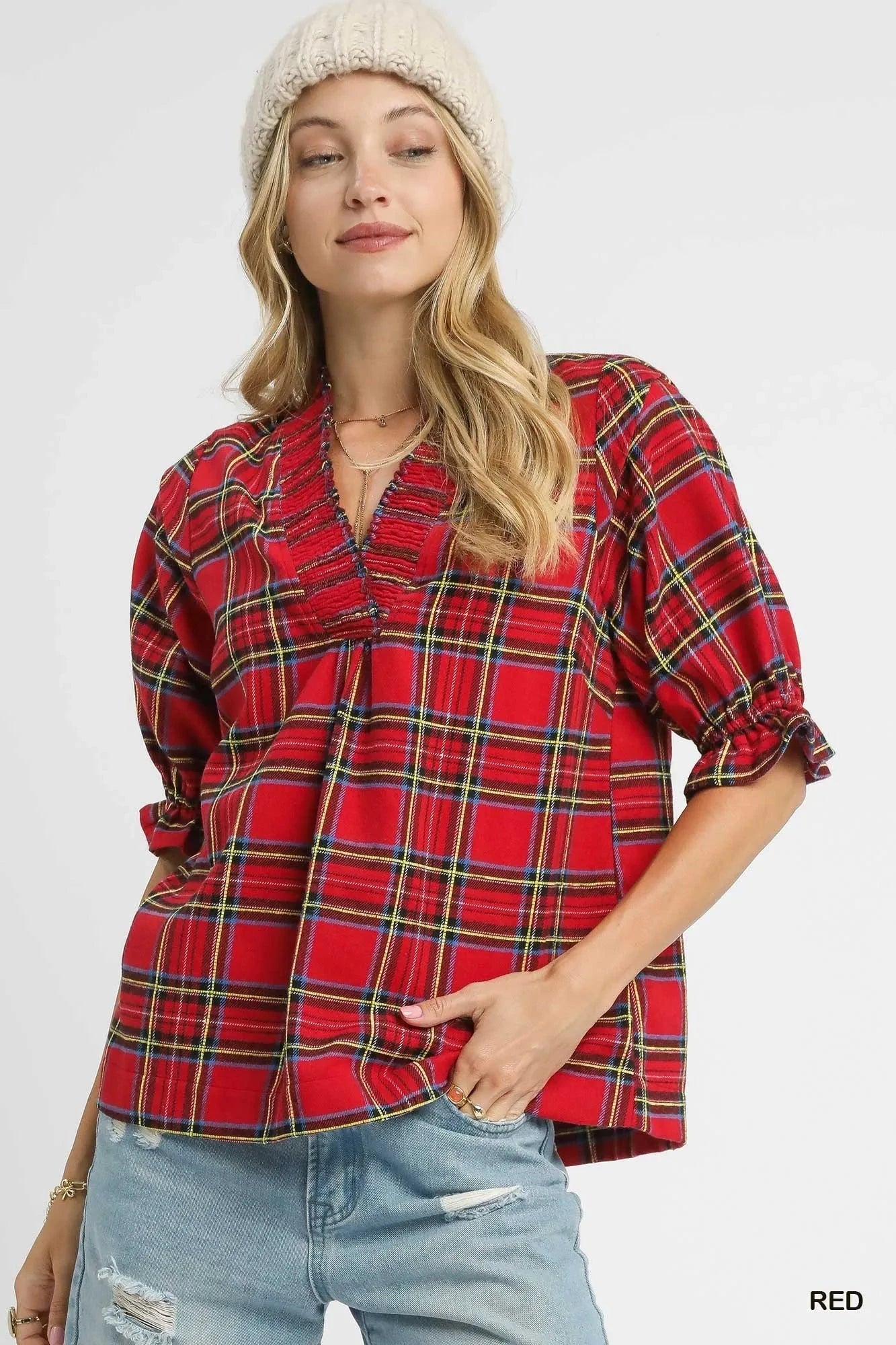 Umgee Plaid Smocked V-Neck Flannel Top Red / S