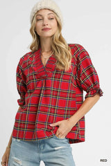 Umgee Plaid Smocked V-Neck Flannel Top Red / S