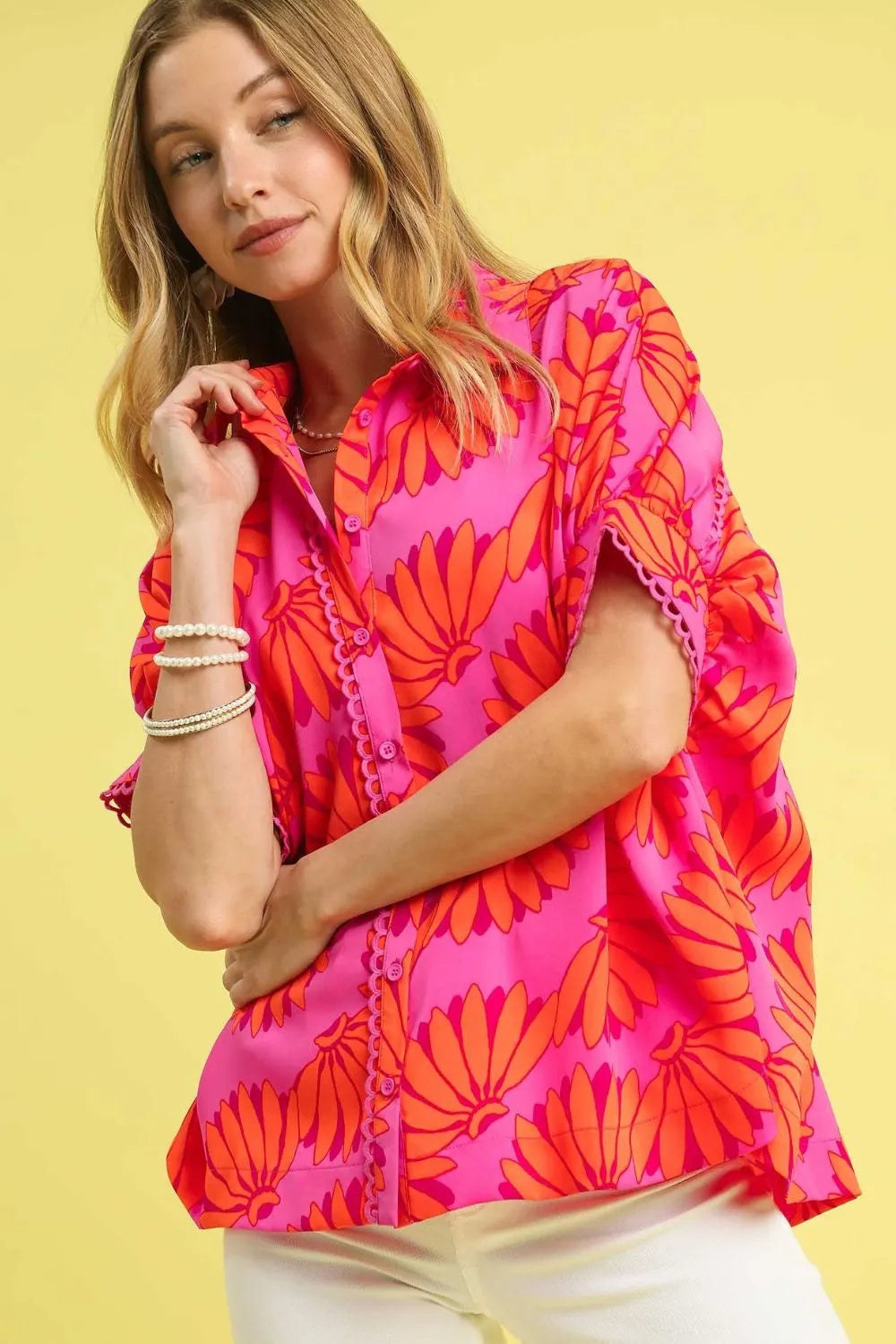 Umgee Printed Button-Up Relaxed Shirt Hot Pink / S