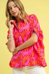 Umgee Printed Button-Up Relaxed Shirt Hot Pink / S