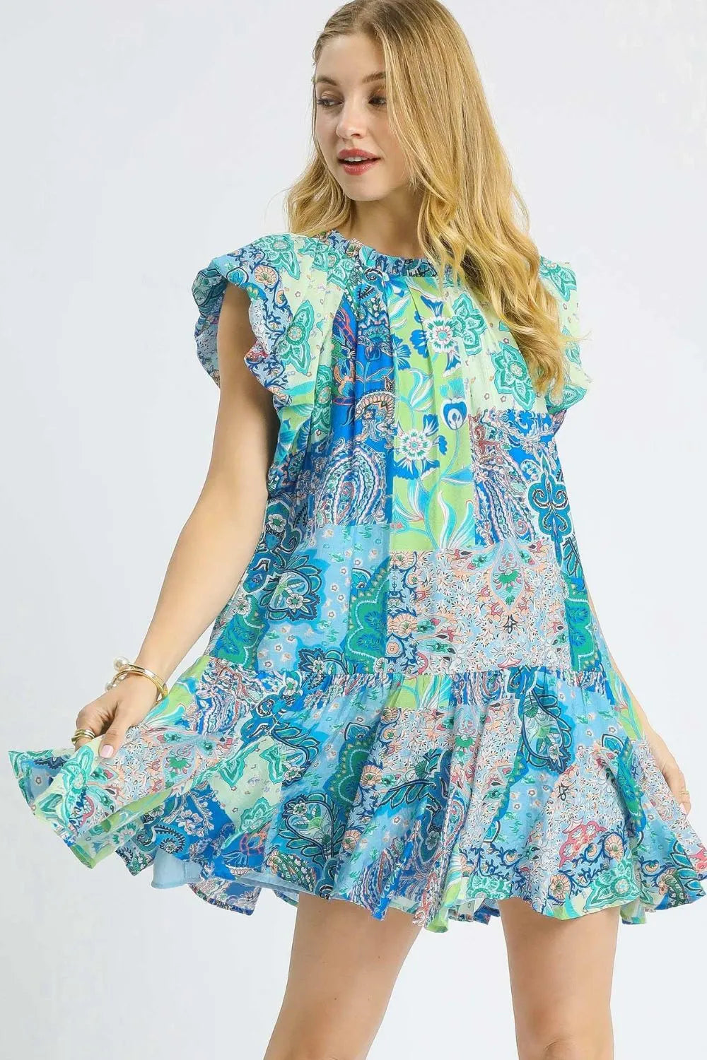 Umgee Printed Ruffle Cap Sleeve Mini Dress