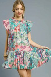 Umgee Printed Ruffle Cap Sleeve Mini Dress Blush Pink / S