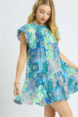 Umgee Printed Ruffle Cap Sleeve Mini Dress Neon Green / S