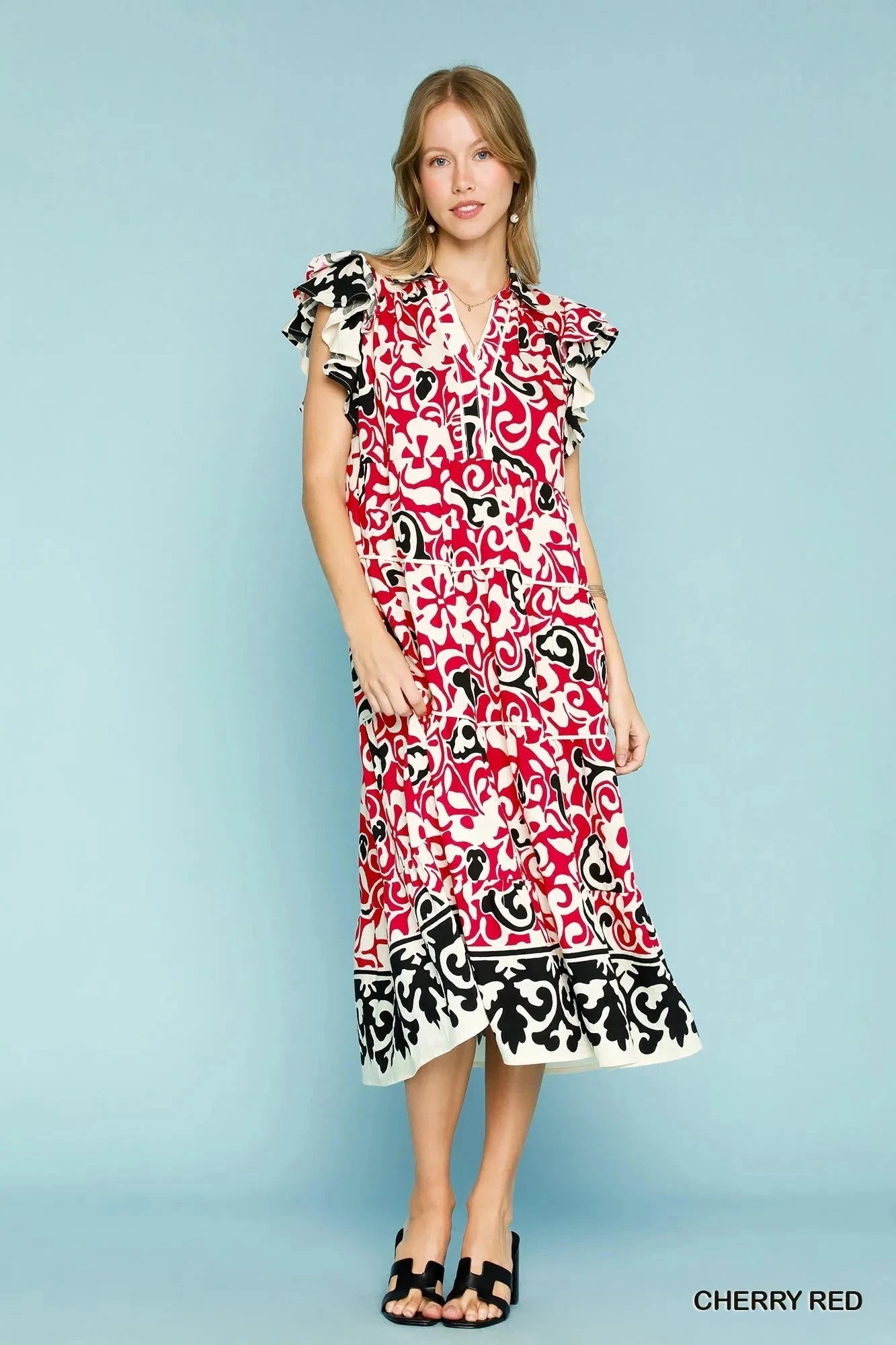 Umgee Printed Ruffled Cap Sleeve Midi Dress