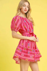 Umgee Printed Tie Waist Puff Short Sleeve Mini Dress