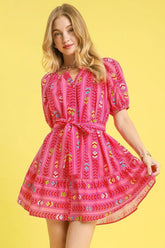 Umgee Printed Tie Waist Puff Short Sleeve Mini Dress Hot Pink / S