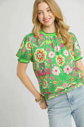 Umgee Retro Floral Puff Sleeve Top GREEN MIX / XS