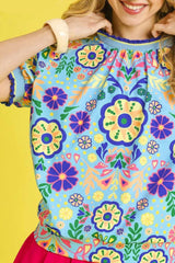 Umgee Retro Floral Puff Sleeve Top Navy / XS