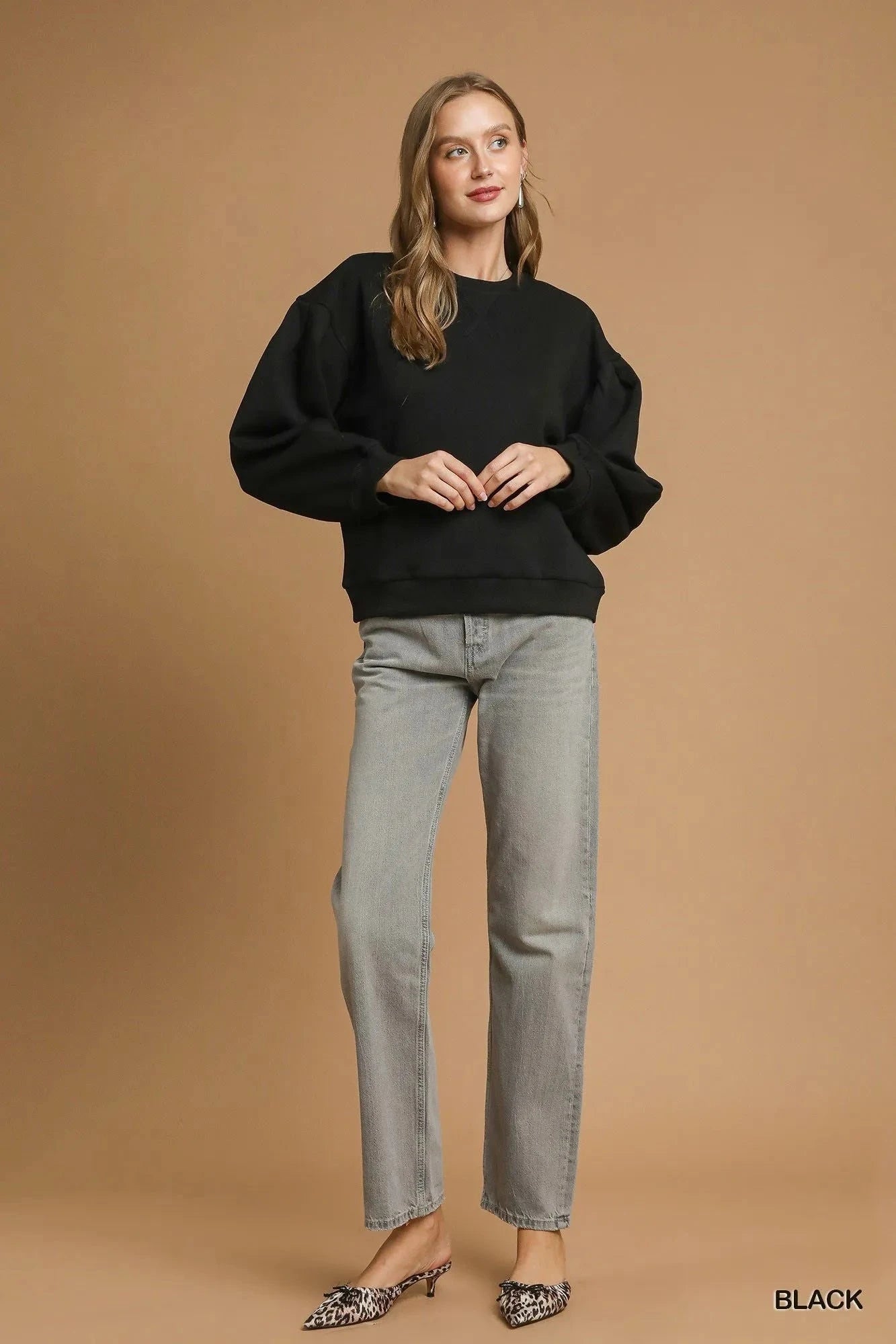 Umgee Round Neck Sweatshirt with Pleated Detail