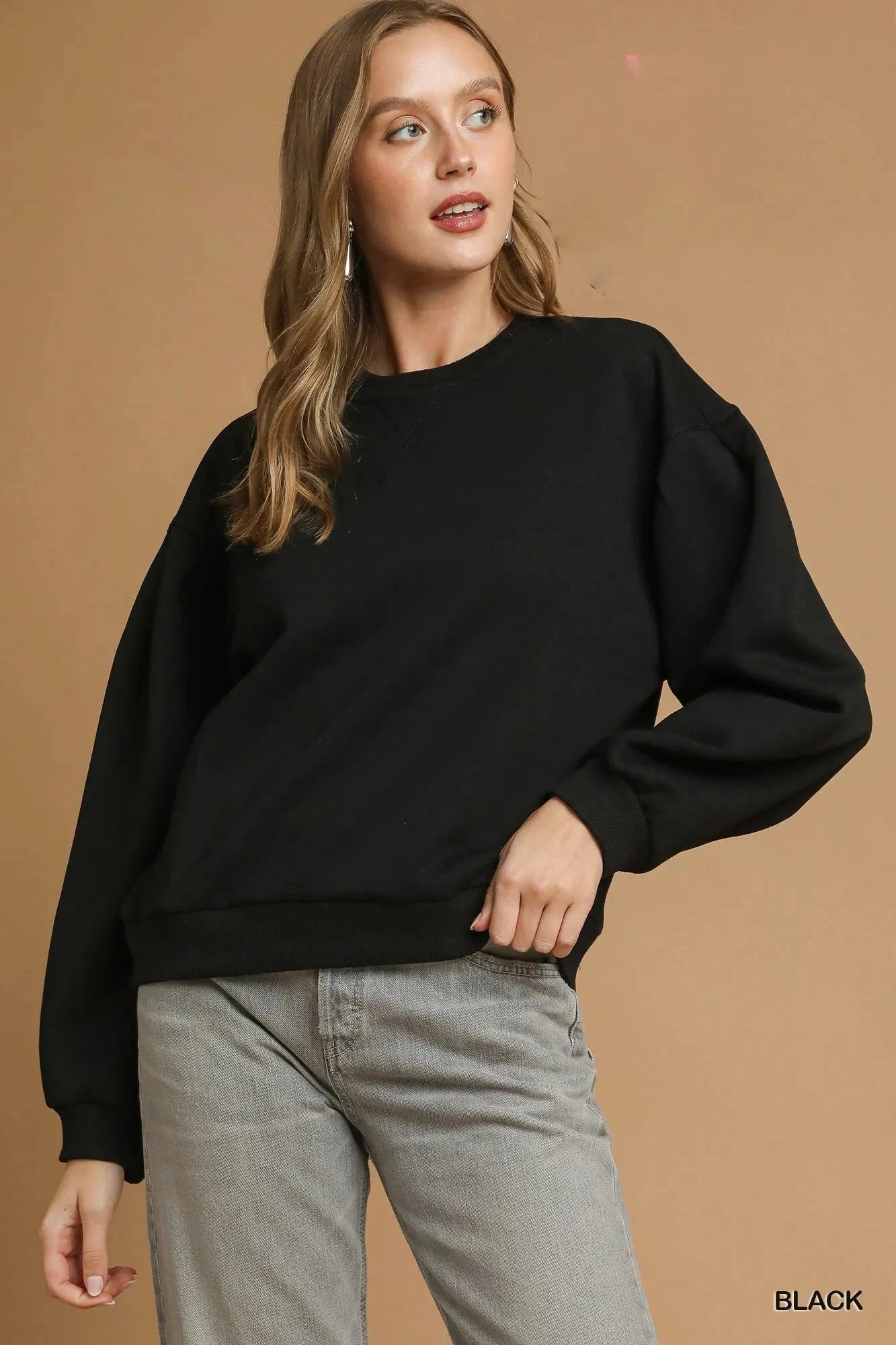 Umgee Round Neck Sweatshirt with Pleated Detail Black / XS