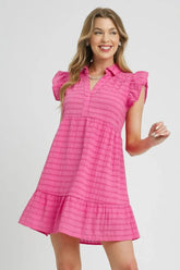 Umgee Ruffle Cap Sleeve Textured Mini Dress Hot Pink / S