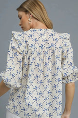 Umgee Ruffled Bow Print Notched Blouse