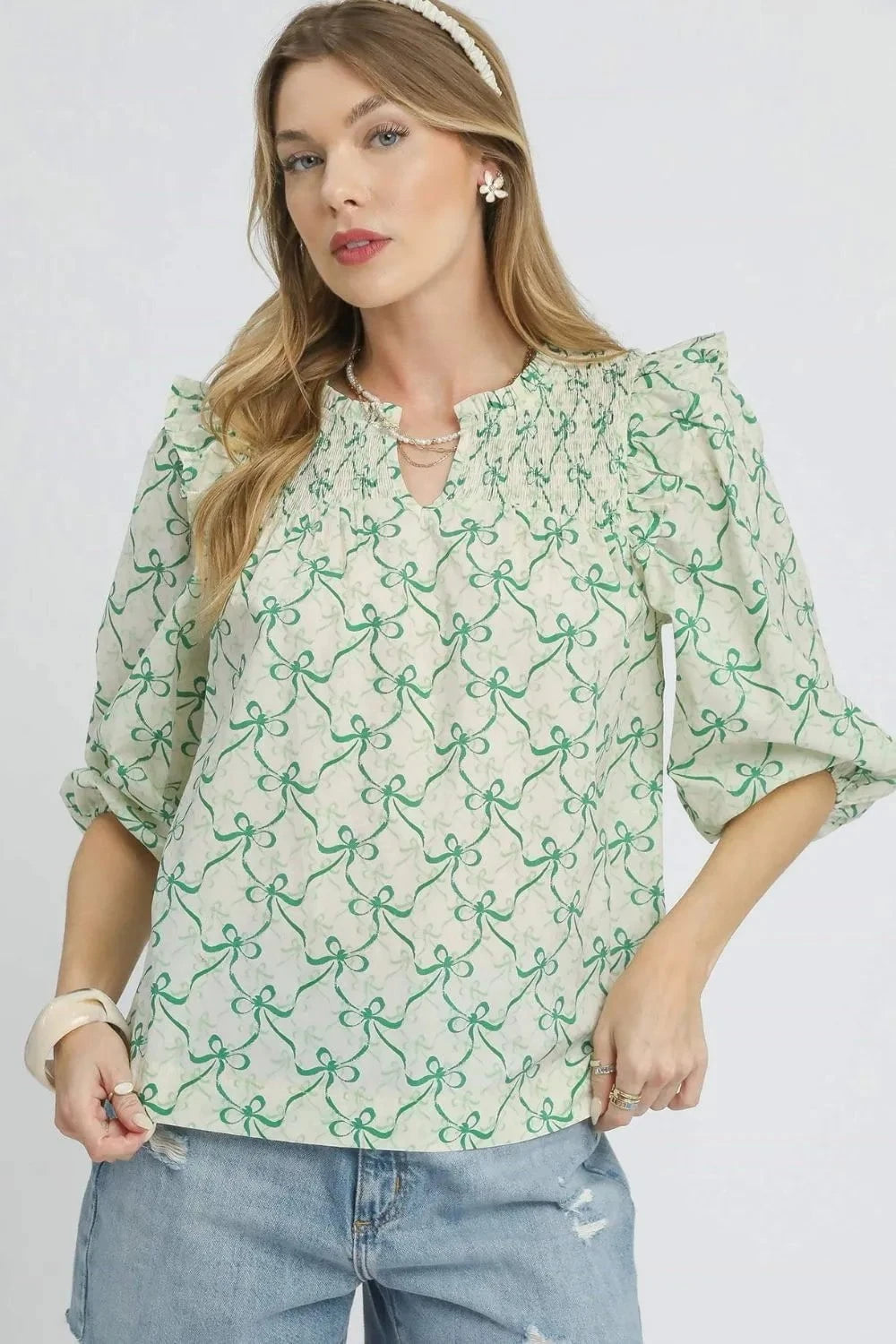 Umgee Ruffled Bow Print Notched Blouse Green / S
