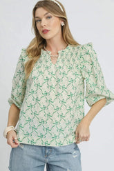 Umgee Ruffled Bow Print Notched Blouse Green / S