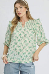 Umgee Ruffled Bow Print Notched Blouse Green / S