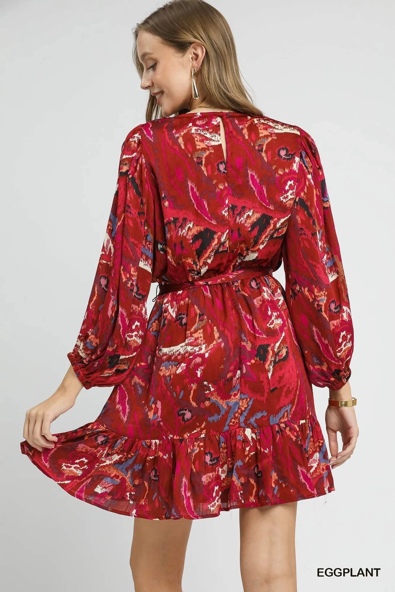 Umgee Ruffled Hem Printed Balloon Sleeve Dress