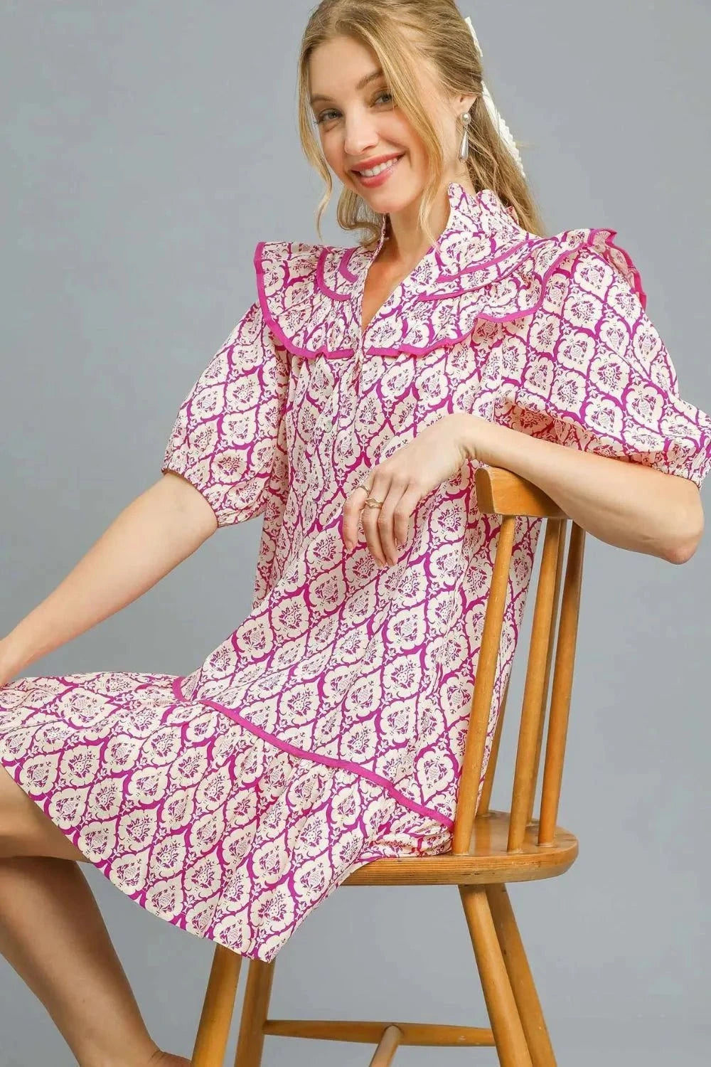 Umgee Ruffled Printed Puff Sleeve Mini Dress