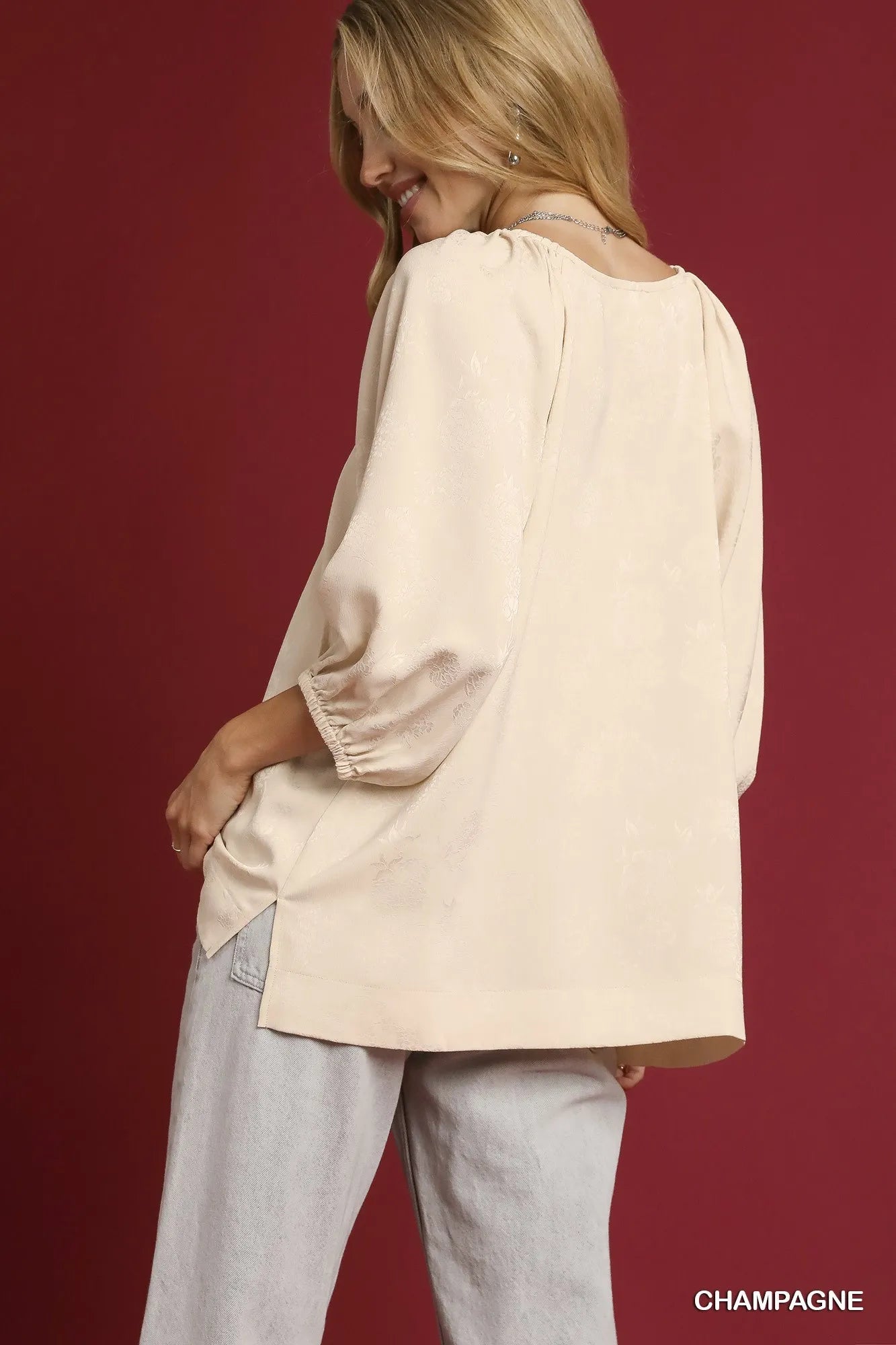 Umgee Satin Jacquard Balloon Sleeve Blouse