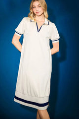 Umgee Side Slit Contrast Trim Short Sleeve Dress Cream / XS