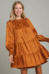 Umgee Smocked Leopard Long Sleeve Tiered Dress Copper / S