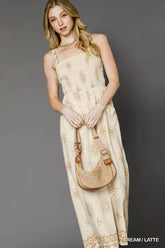 Umgee Smocked Printed Wide Leg Jumpsuit CREAM/LATTE / XS