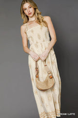 Umgee Smocked Printed Wide Leg Jumpsuit CREAM/LATTE / XS