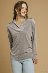 Umgee Soft Thermal Collared Long Sleeve Top GREY / XS