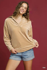 Umgee Soft Thermal Collared Long Sleeve Top TAN / XS