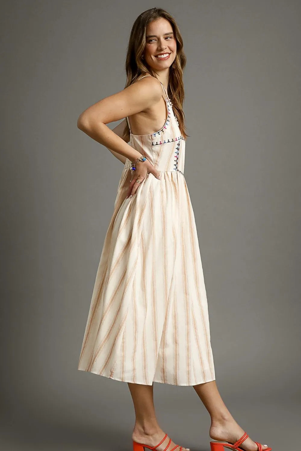 Umgee Striped Colorful Embroidered Trim Cami Dress