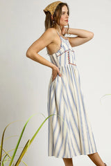 Umgee Striped Colorful Embroidered Trim Cami Dress