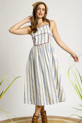 Umgee Striped Colorful Embroidered Trim Cami Dress Light Blue / S