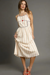 Umgee Striped Colorful Embroidered Trim Cami Dress Tan / S