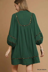 Umgee Textured Babydoll Dress with Leopard Trim