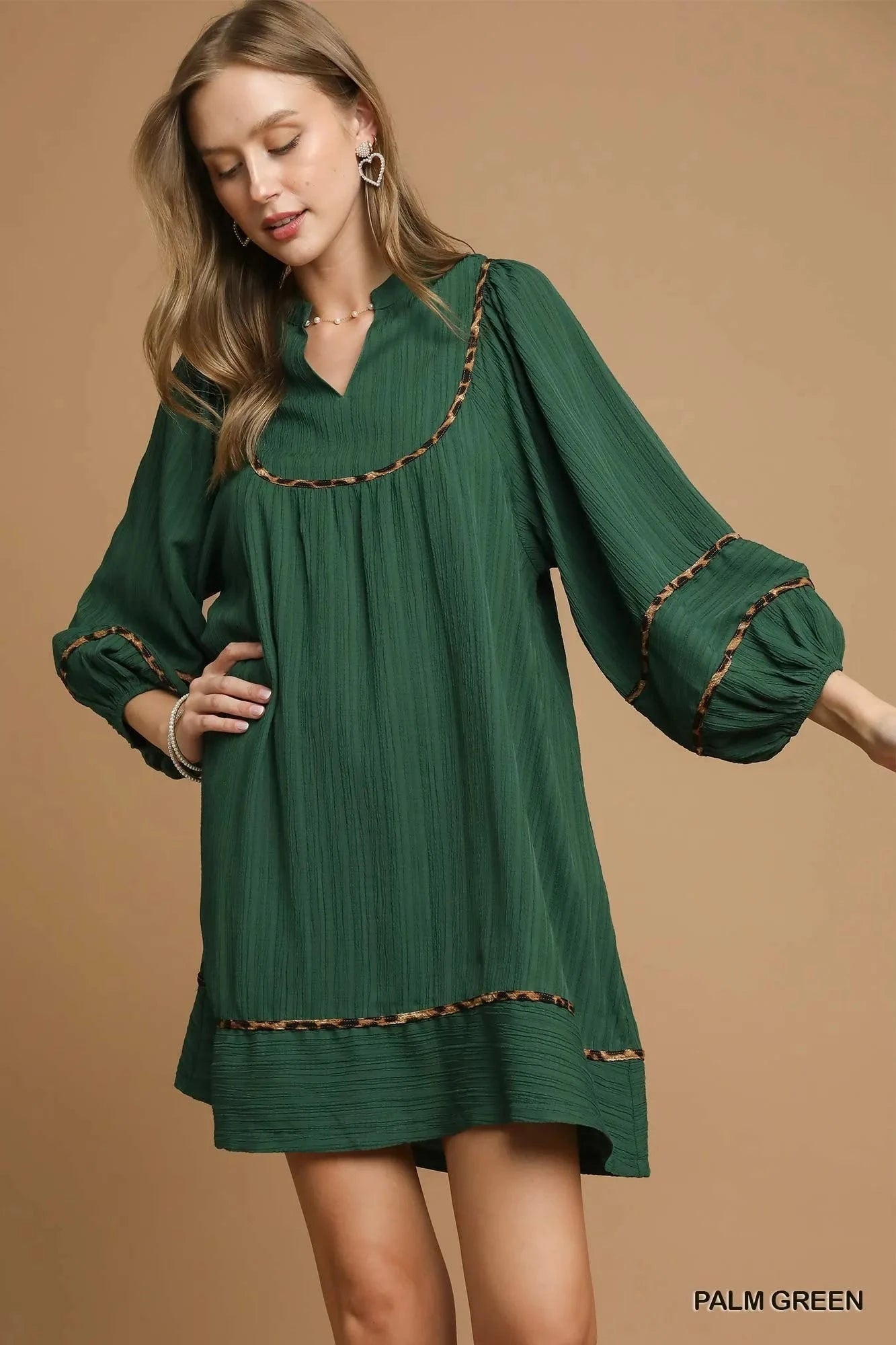 Umgee Textured Babydoll Dress with Leopard Trim PALM GREEN / S