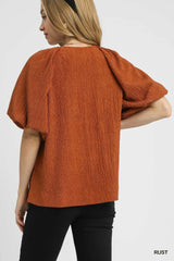 Umgee Textured Flutter Sleeve Notch Neck Top