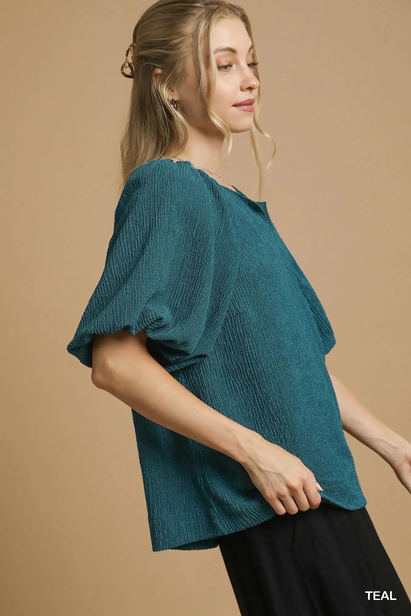 Umgee Textured Flutter Sleeve Notch Neck Top