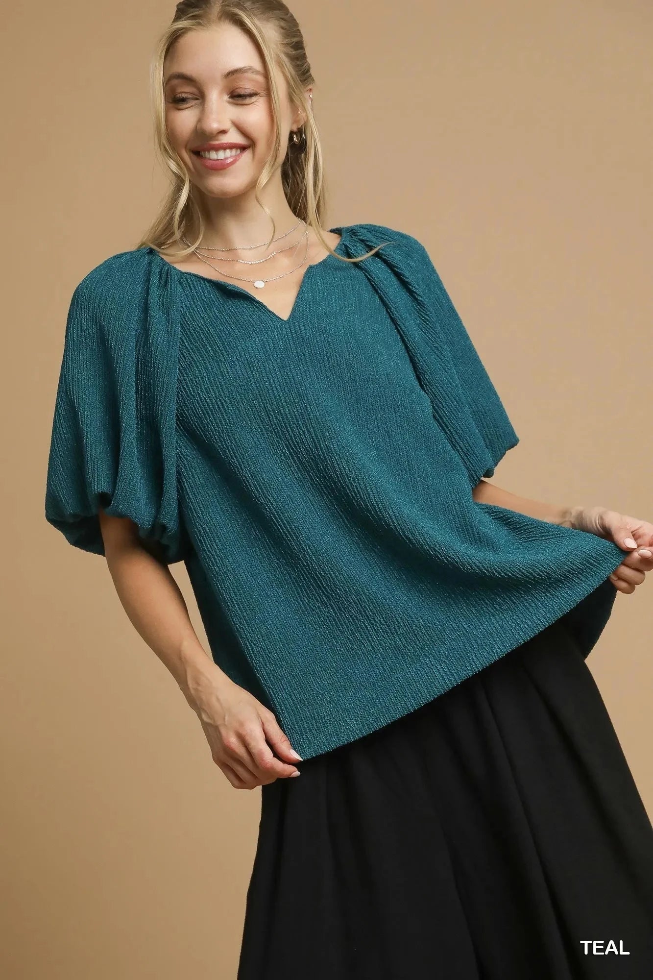 Umgee Textured Flutter Sleeve Notch Neck Top TEAL / S