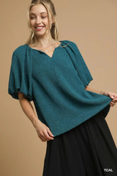 Umgee Textured Flutter Sleeve Notch Neck Top TEAL / S