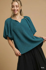 Umgee Textured Flutter Sleeve Notch Neck Top TEAL / S