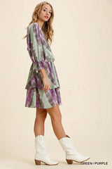 Umgee Tie Dye Ruffled Layered Dress with Elastic Waistband