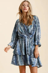 Umgee Tie Dye Ruffled Layered Dress with Elastic Waistband BLUE / GREY / S