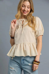 Umgee Tie Front Puff Sleeve Blouse Cream / S