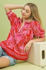 Umgee Tropical Print Puff Sleeve Blouse