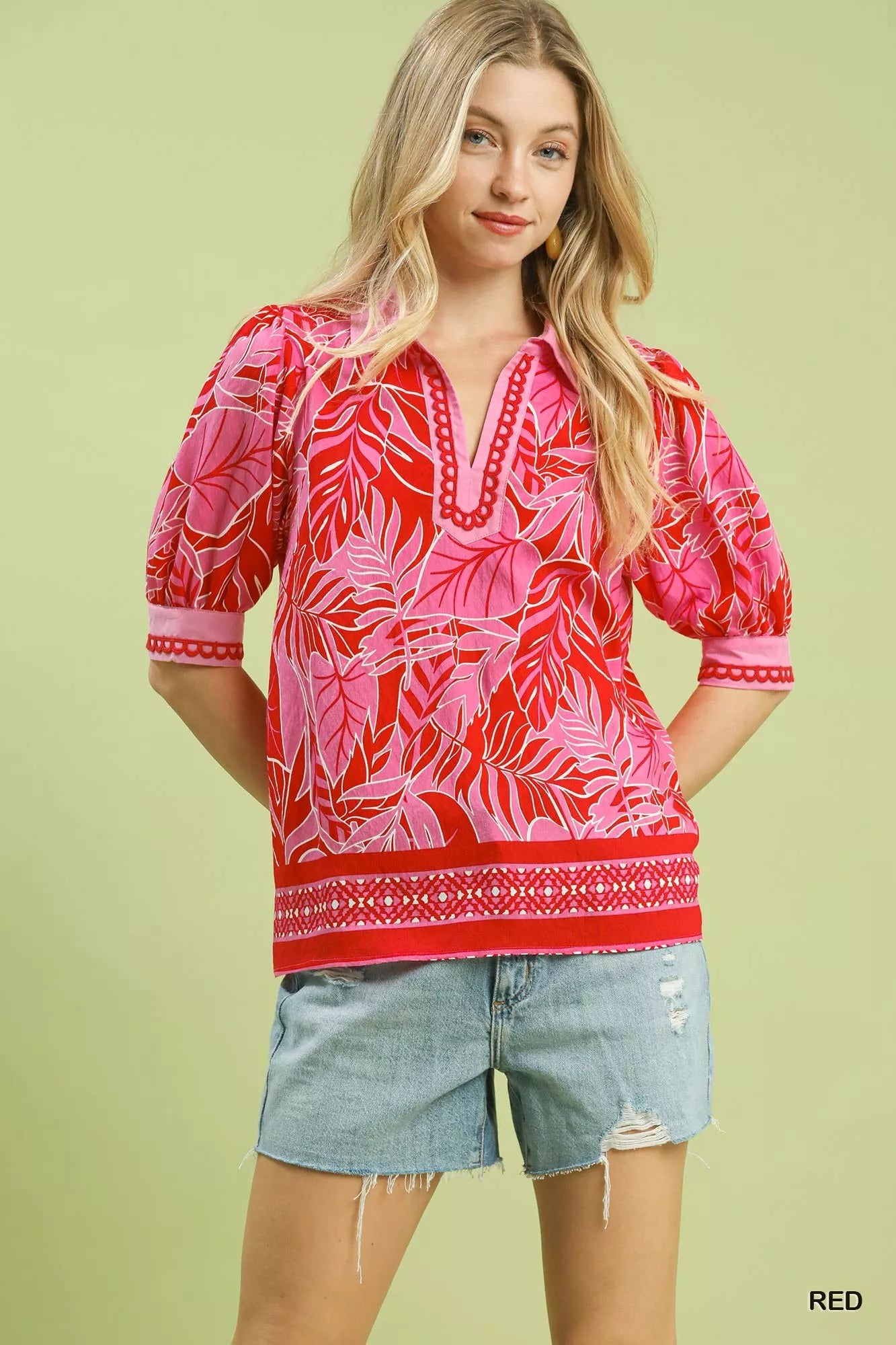 Umgee Tropical Print Puff Sleeve Blouse RED / S