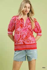 Umgee Tropical Print Puff Sleeve Blouse RED / S