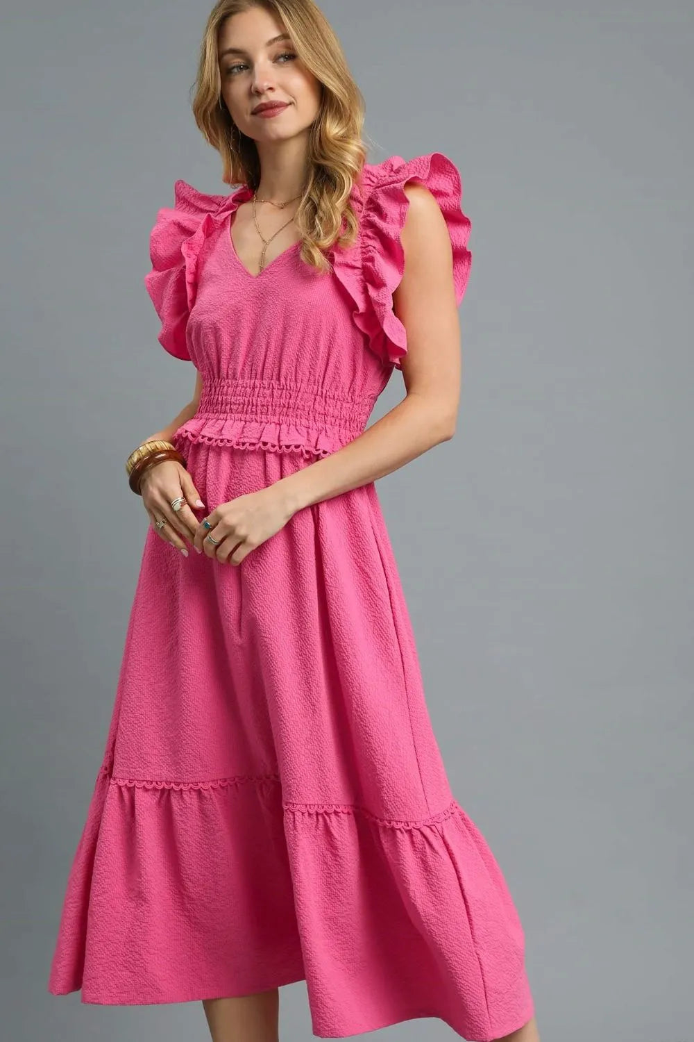 Umgee V-Neck Ruffled Cap Sleeve Midi Dress Hot Pink / S
