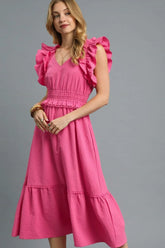 Umgee V-Neck Ruffled Cap Sleeve Midi Dress Hot Pink / S