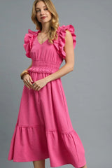 Umgee V-Neck Ruffled Cap Sleeve Midi Dress Hot Pink / S